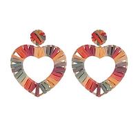 elegant summer new rain bow block large heart shape bast straw statement earrings for women pink,colour name:rose red