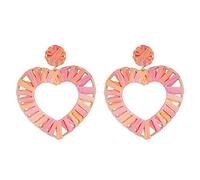elegant summer new rain bow block large heart shape bast straw statement earrings for women pink,colour name:rose red