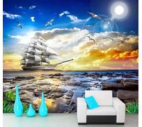 Elegant Sunset Sailboat Sea Flying Birds 3D Wallpaper Silky Texture Home Study Office Grey Dining Room Sofa Bedroom Living Room TV Backdrop-300cm×210cm