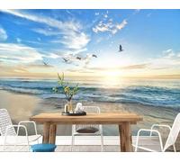 Elegant Sunset Sea Beach Flying Birds 3D Wallpaper Premium Textured Silk Study Dining Living Room Bedroom Sofa TV Wall Easy Install-250cm×170cm