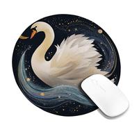 Elegant Swan Design Mouse Pad, Night Sky with Golden Stars and Waves, Non-Slip Washable Mousepad for Home and Office Use Round 8x8 Inch