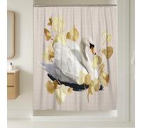 Elegant Swan Shower Curtain, White and Gold Botanical Bathroom Decor, Spring Summer Modern Minimalistic Waterproof Fabric Curtain with Hooks 72x96 Inch
