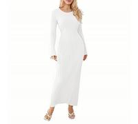 Elegant Sweater Dress for UK Women Long Women Knit A-line Dress Long Sleeve U Neck Ribbed Spring Fall Long Dress Casual Going Out Dresses (White1, L)