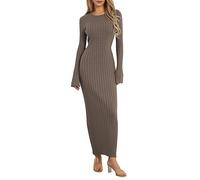 Elegant Sweater Dress for UK Women Long Women Knit A-line Dress Long Sleeve U Neck Ribbed Spring Fall Long Dress Casual Going Out Dresses (Grayish Apricot, S)