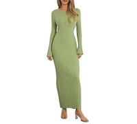 Elegant Sweater Dress for UK Women Long Women Knit A-line Dress Long Sleeve U Neck Ribbed Spring Fall Long Dress Casual Going Out Dresses (Green1, M)