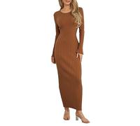 Elegant Sweater Dress for UK Women Long Women Knit A-line Dress Long Sleeve U Neck Ribbed Spring Fall Long Dress Casual Going Out Dresses (Coffee1, L)