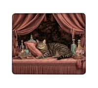 Elegant Tabby Cat Sitting on Vintage Perfume Bottles, Royal Peach Decorative Mouse Pad, Rubber Non-Slip Washable Mousepad for Home Office and Gaming Square 8x10 Inch
