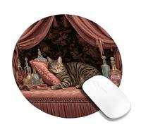 Elegant Tabby Cat Sitting on Vintage Perfume Bottles, Royal Peach Decorative Mouse Pad, Rubber Non-Slip Washable Mousepad for Home Office and Gaming Round 8x8 Inch