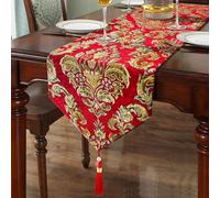Elegant Table Runners 72 inches Long Chenille with Tassels Red Christmas | Jacquard Fabric, European Floral Pattern,Wine Cabinet,Dressing Table Decor