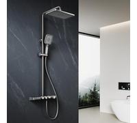 ELEGANT Thermostatic Shower Mixer Set with 12" Square Rainfall Shower Head, 3 Modes Square Shower Head with Mobile Stand, Tub Spout, Anti-Leak Hose, Anti-Scald,Easy Install