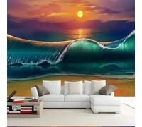 Elegant Three Dimensiona Sunset Waves Beach Modern 3D Wallpaper Premium Textured Silk Neutral Tones Material Ideal for Living Room Bedroom-350cm×256cm