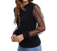 Elegant Tops for Women UK Tops For Women Lace Pane Blouses Polka Dot Mesh Sleeve Shirts Ruffle Mock Neck Tops Tunic Tops for Women Uk Womens Soft Daily Deals of The Day Black