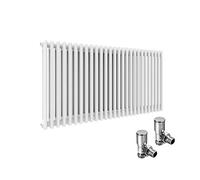 ELEGANT Traditional Cast Iron Style 2 Column Horizontal Central Heating Double Bar Colosseum Designer Radiators White 600 x 1505 mm with Valves Chrome