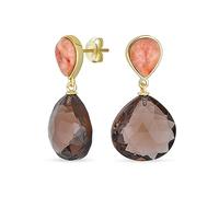 Elegant Translucent Gemstone Briolette Peach and Chocolate Brown Pear Shaped Natural Smoky Quartz Faceted Teardrop Drop Earrings For Women Gold Plated