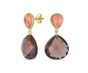 Elegant Translucent Gemstone Briolette Peach and Chocolate Brown Pear Shaped Natural Smoky Quartz Faceted Teardrop Drop Earrings For Women Gold Plated