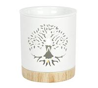 Elegant Tree of Life Cut-Out Design White Ceramic Oil Burner - 12.6cm x 11.5cm (1 Pc.) - With A Wood-effect Ceramic Base - Ideal for Aromatherapy, Home Decor Accent & Gift