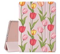 Elegant Tulip Pattern for iPad Air 6th Generation 11" M2 2024/iPad Air 5th 2022/4th 2020 Generation 10.9" Flower Protective Case for Girls,Pencil Holder & Clear Back & Trifold Pink Cover