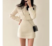 Elegant Tweed Pearl Button Jacket with Matching A Line Skirt Set for Women, Casual Design Suitable for Spring and Autumn Wear (XL Apricot)