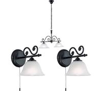 Elegant Twin Ceiling Pendant Light With Matching Black Wall Sconces And Alabaster Glass