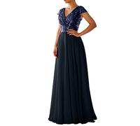 Elegant V Neck Sequin Sparkly Long Evening Dress, Chiffon Cap Sleeve High Waist Prom Cocktail Party & Wedding Guest Dark Blue Gown - UK