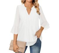 Elegant V Neck Womens Flow Ruffle Blouse & Floral Chiffon Top with 3/4 Sleeve - A Line & Lace Long Tops in White