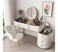 Elegant Vanity Table Set with Mirror & Glass Top, 5 Large Drawer Makeup Desk with Chair, White/Grey Wooden Dressing Table for Bedroom, Stylish Makeup Station (80CM)
