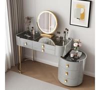 Elegant Vanity Table Set with Mirror & Glass Top - Makeup Desk with 5 Large Drawers, Stylish White/Grey Wooden Dressing Table for Bedroom (Gray, 80CM)
