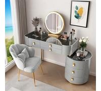 Elegant Vanity Table Set with Mirror & Glass Top, Makeup Desk with Chair & 5 Large Drawers, White/Grey Wooden Makeup Station for Bedroom (Gray, 80CM)
