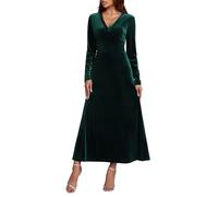 Elegant Velvet Dresses for Women UK V Neck Long Sleeve Work Office Formal Dress Ladies Plain Swing Party Evening Maxi Dresses Solid Color Casual Winter Dress Green