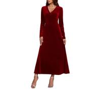 Elegant Velvet Dresses for Women UK V Neck Long Sleeve Work Office Formal Dress Ladies Plain Swing Party Evening Maxi Dresses Solid Color Casual Winter Dress Wine