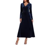 Elegant Velvet Dresses for Women UK V Neck Long Sleeve Work Office Formal Dress Ladies Plain Swing Party Evening Maxi Dresses Solid Color Casual Winter Dress Blue