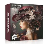 Elegant Victorian Lady Puzzle 1000 Pieces for Adults, Vintage Woman with Red Hat, Pearls, Flowers and Butterflies Jigsaw Puzzle, Challenging Retro Classic Aesthetic Art Puzzle