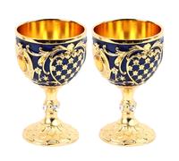 Elegant Vintage 2pcs Wine Glasses Zinc Alloy Stemmed Glass Blue & Gold Finish