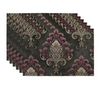 Elegant Vintage Floral Placemats, Dark Grey and Burgundy Decorative Table Mats for Dining, Non-Slip Washable Indoor Outdoor Party Tableware Set of 6