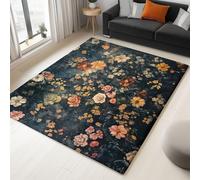 Elegant Vintage Flowers print Rugs Living Room 140x200 cm - Dark Blue Washable Large Rug Short Pile Non-Slip Carpet Soft Durable Easy Clean Carpet, for Dining Room Home Office