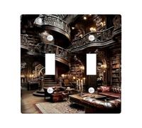 Elegant Vintage Library Light Switch Cover Plates/Outlet Covers, Dark Wood Interior Design for Home Decor, Functional Wall Plates, Standard Size Double Toggle