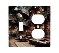 Elegant Vintage Library Light Switch Cover Plates/Outlet Covers, Dark Wood Interior Design for Home Decor, Functional Wall Plates, Standard Size Toggle Duplex