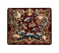 Elegant Vintage Ocean Mouse Pad, Red Floral Wave with Sea Creatures Design, Rubber Non-Slip Mouse Pad for Home and Office Use, Washable Accessory