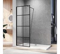 ELEGANT Walk in Black Shower Screen for Wet Room 8mm Safety Tempered Glass Screen Panel Bathroom Reversible Black Grid Framed Shower Screen 800mm