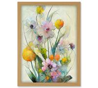 Elegant Watercolour Pink And Yellow Spring Flower Bouquet Illustration Artwork Framed Wall Art Print A4 Artery8 Light Oak One Size