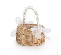 Elegant Wedding Flower Girl Basket with Pearl Handle and Ribbon Bow, Bowknot Satin Flower Basket for wedding, Rustic Handwoven Wicker Flower Basket, Versatile Picnic Basket for Outdoor(Brown)