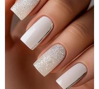 Elegant White Chrome Nails Silver Glitter Tips Short Square - 24pcs French False Press On Nail Extensions Women Artificial Acrylic Coffin Rhinestones Ombre Petite Touch Flower Autumn Snowflake Stars