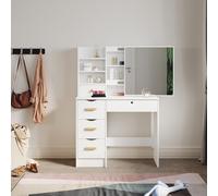 Elegant White Dressing Table with Sliding Mirror Cabinet, Lockable Drawer & 4 Drawers, Vanity Table with Open Shelves, 90 x 38 x 132cm