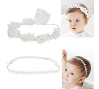 Elegant White Flower Christening Headbands for Baby Girls, Elastic Soft Lace with Cute Tulle Pearl Headband, Stretchy Christening Halo for Pure Newborns, Toddlers (Over 6 Months) (2