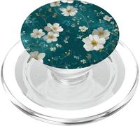 Elegant White Flowers Pattern Teal Botanical Aesthetic PopSockets PopGrip for MagSafe