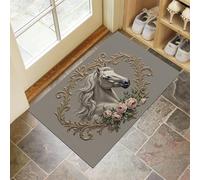 Elegant White Horse Rug for Entryway, 90 x 150 cm Washable Small Rugs Non Slip Magnificent Classical Front Door Mat Dirt Trapper Doormat for Girls Bedroom, Welcome Entrance, Bathroom, Charcoal Gray