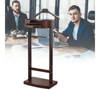 Elegant White Multifunctional Men's Valet Stand - Solid Wood Suit Hanger & Coat Rack with Trouser Bar & Storage Shelf Freestanding 43.1 x 34.2 x 106.6 cm