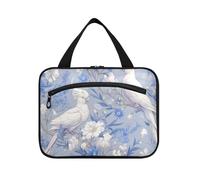 Elegant White Parrot Flower Blue Hanging Travel Makeup Bag with Hook, Designer Expandable Toiletry Bag for Trip Essentials Trip maleta para maquillaje L