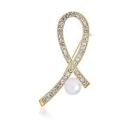 Elegant White Simulated Pearl with Clear Crystal Pave Ribbon Breast Cancer Survivor Brooch Pin - Yellow Gold Plated Accent - Empowering Jewelry for Women