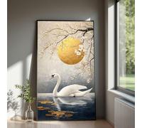 Elegant White Swan Canvas Wall Art, Golden Sun and Cherry Blossom Posters and Prints, Luxury Home Decor Painting(65x120cm/Internal Frame)